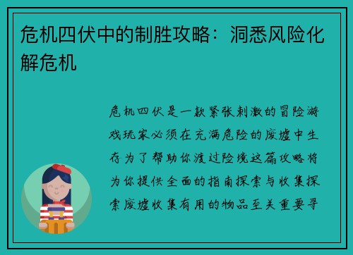 危机四伏中的制胜攻略：洞悉风险化解危机